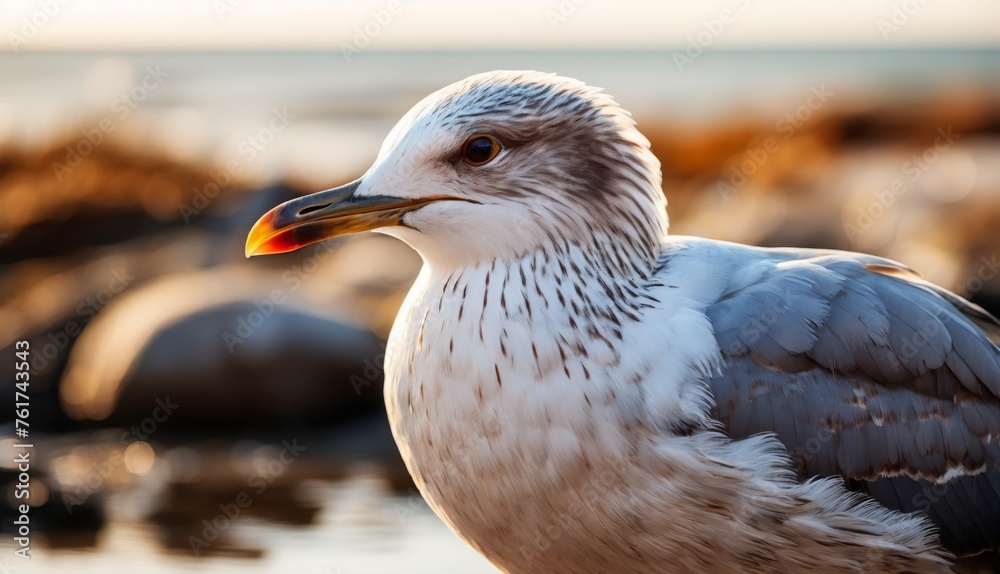 a close up of a seagull on a beach near a body of water with rocks in the background. a close up of a seagull on a beach near a body of water with rocks in the background.