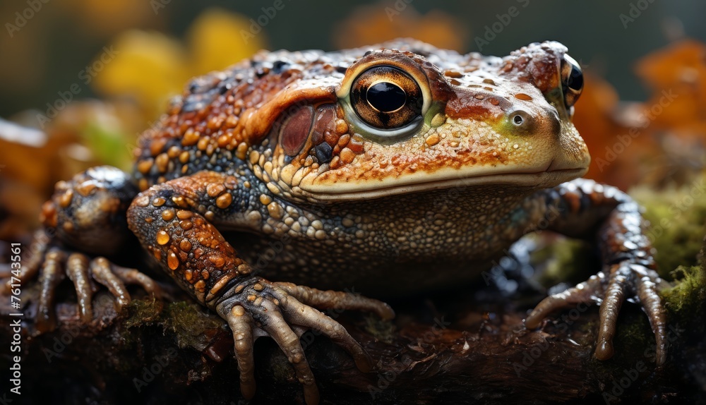 a close up of a frog sitting on top of a mossy surface with yellow flowers in the back ground. a close up of a frog sitting on top of a mossy surface with yellow flowers in the back ground.