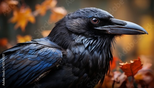  a close up of a black bird with a blue beak and a black head, with autumn leaves in the background.