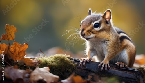  a close up of a small squirrel on a log in a forest with leaves on the ground and a tree branch in the foreground. © Jevjenijs
