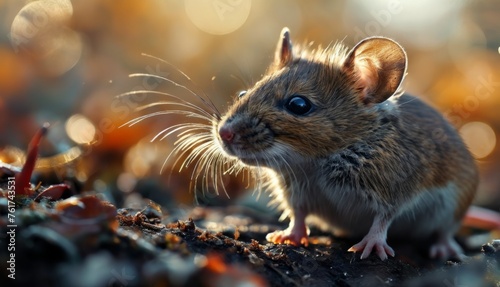  a close up of a small rodent on a dirt ground with a blurry back ground in the background. © Jevjenijs