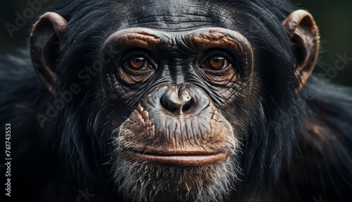  a close up of a monkey's face with a serious look on it's face, with a blurry background.