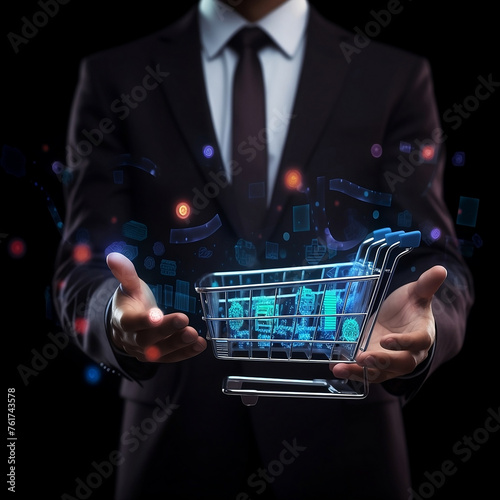 Businessman using mobile phone, digital marketing concept for ecommerce business. Shot of businessman holding smartphone in hand showing virtual glowing shopping cart icons, text space, 1:1.