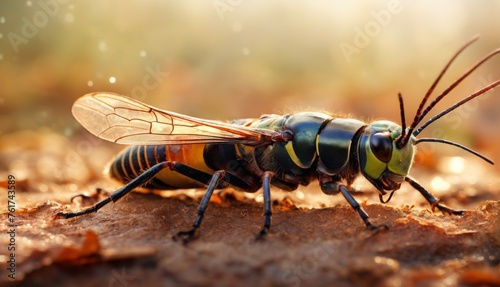  a close up of a fly on the ground with a blurry image of the fly on the ground in the background.