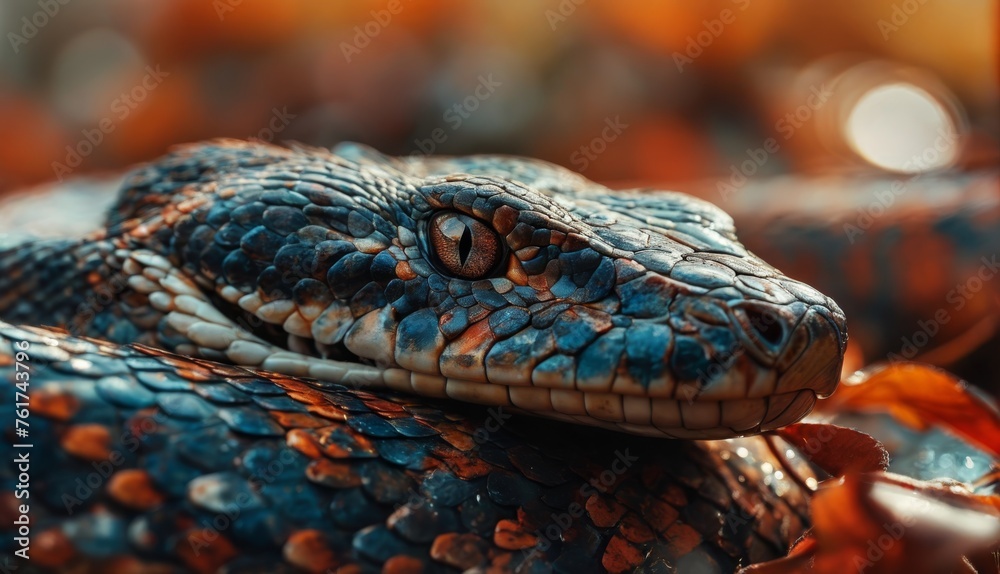 a close up of a snake's head with orange and blue spots on it's skin and a blurry background. a close up of a snake's head with orange and blue spots on it's skin and a blurry background.