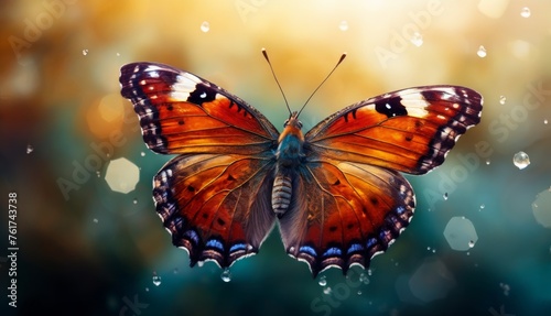  a close up of a butterfly with drops of water on it's wings, with a blurry background.