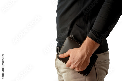 A man confidently holds a wallet in his right hand  symbolizing financial security and responsibility