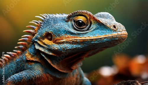 a close - up of a lizard's head with a blurry background of leaves and branches in the foreground. © Jevjenijs