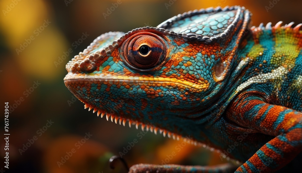 a close - up of a chamelon's head and neck, with orange, blue, and green colors. a close - up of a chamelon's head and neck, with orange, blue, and green colors.
