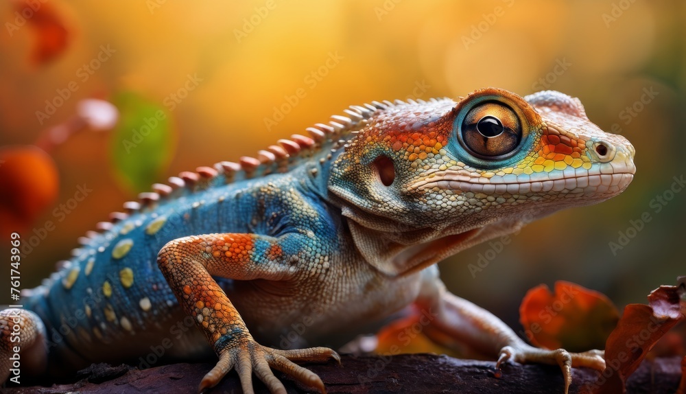  a close up of a lizard on a tree branch with leaves in the foreground and a blurry background.