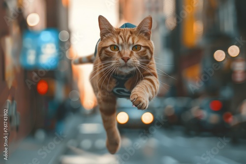A cat is leaping through the air with all four paws off the ground, showcasing its agility and energy.
