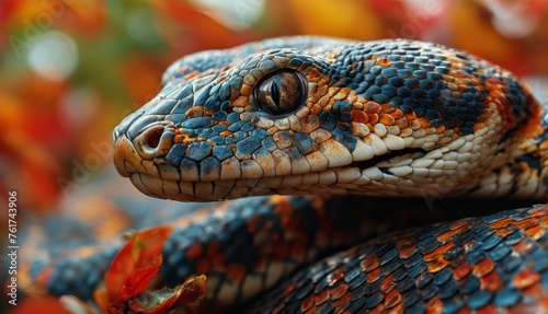  a close - up of a colorful snake's head with a blurry background of red, orange, and blue leaves.