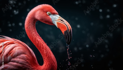  a close up of a pink flamingo with water splashing out of it's beak and a black background. © Jevjenijs