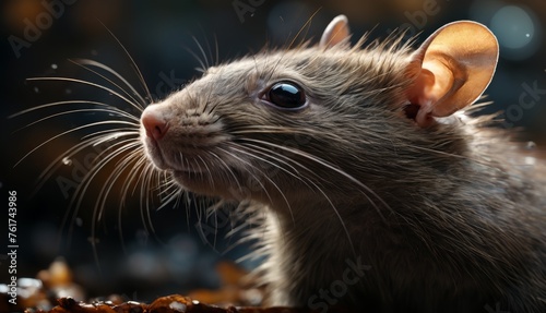  a close up of a rat with a light on it's ear and a blurry background behind it.