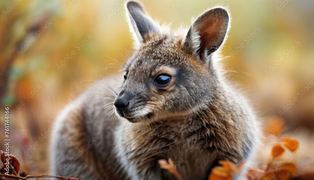 a close up of a small kangaroo in a field of grass and flowers with a blurry background of leaves. a close up of a small kangaroo in a field of grass and flowers with a blurry background of leaves.