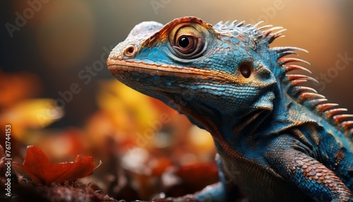  a close up of an iguana with a blurry background and a blurry image of leaves in the foreground.