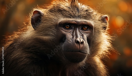  a close up of a monkey's face with a blurry background of trees and leaves in the background. © Jevjenijs
