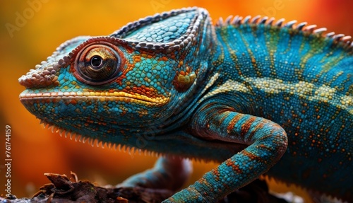  a close - up of a chamelon's head and body, with a blurred background of orange, yellow, and blue. © Jevjenijs