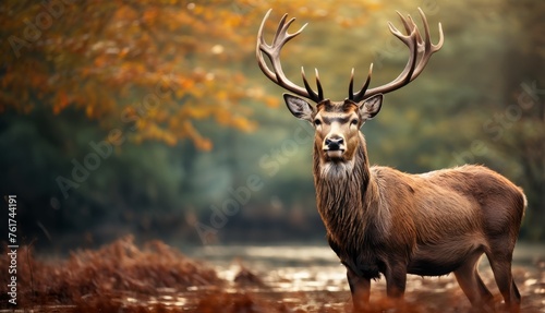  a close up of a deer with antlers on it s head and a body of water in the background.