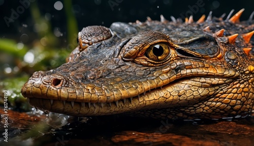  a close up of an alligator s head in a body of water with grass and rocks in the background.