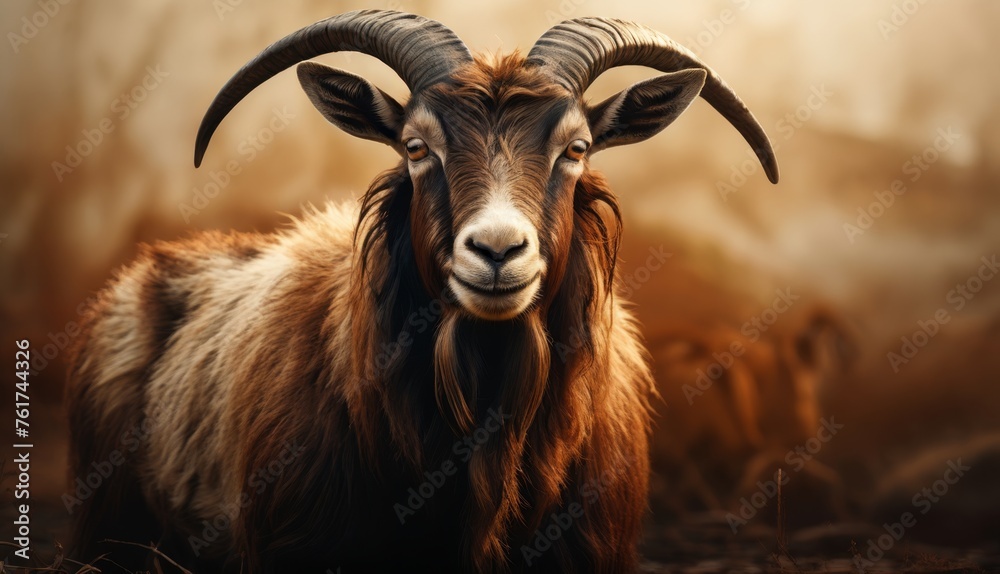  a close up of a goat in a field of grass with trees in the background and fog in the air.