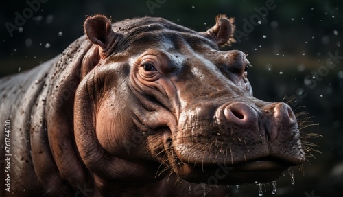  a close up of a hippopotamus with water droplets on it's face and a black background.