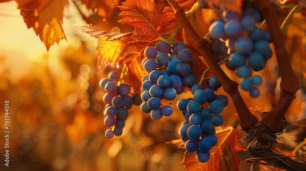 A cluster of ripe grapes hanging from the vine in a vineyard. - obrazy, fototapety, plakaty 