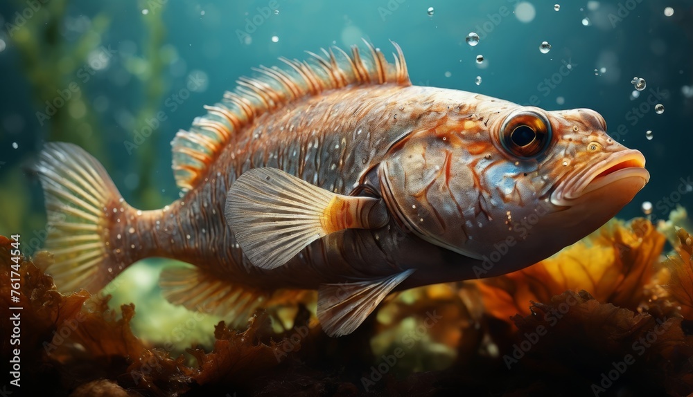  a close up of a fish in a body of water with plants and rocks in the foreground and water bubbles in the background.