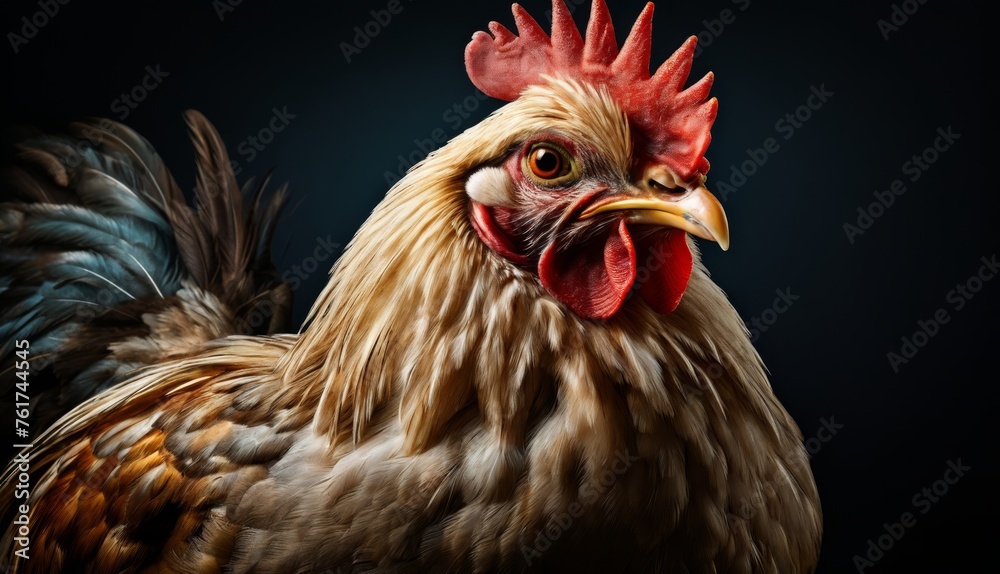  a close - up of a rooster's head on a black background with a red comb in the foreground.