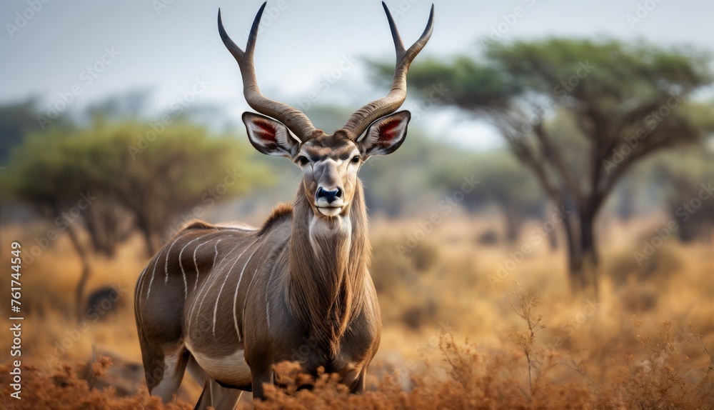  a large antelope standing in the middle of a field with trees in the background and grass in the foreground.