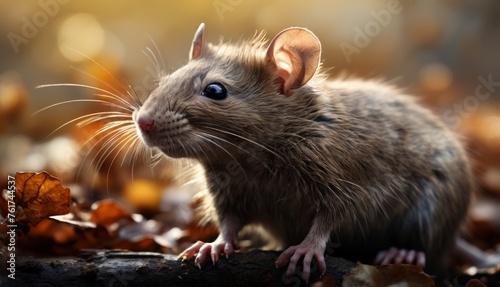  a close up of a rodent on a log with leaves on the ground in the foreground and a blurry background. © Jevjenijs