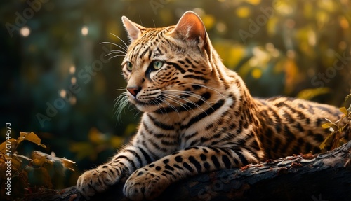  a close up of a cat laying on top of a tree branch in front of a forest filled with trees.