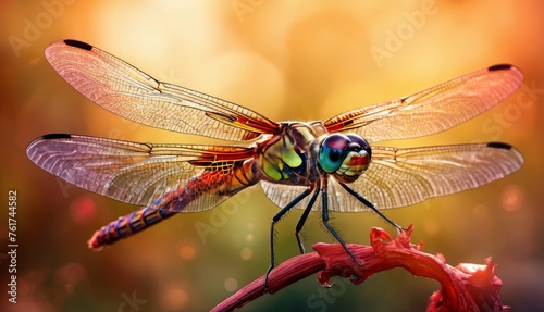  a close up of a dragonfly sitting on a branch with a blurry background of leaves and flowers in the foreground. © Jevjenijs