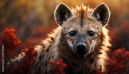  a close up of a hyena in a field of flowers with the sun shining on the hyenas.