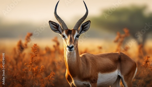  a gazelle standing in the middle of a field of tall grass with long horns on it s head.