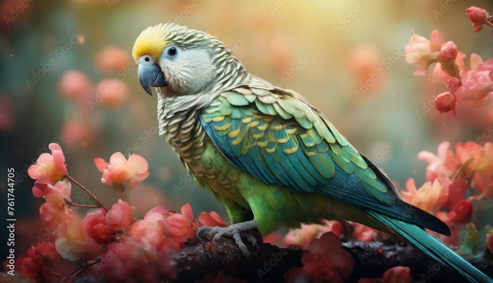 a green and yellow parrot sitting on top of a branch of a tree with pink flowers in front of it. a green and yellow parrot sitting on top of a branch of a tree with pink flowers in front of it.