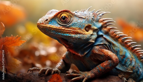  a close up of an iguana on a branch with leaves in the foreground and a blurry background.