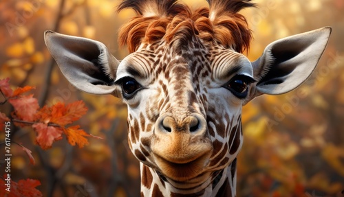  a close up of a giraffe's face in front of a background of trees with orange leaves. © Jevjenijs