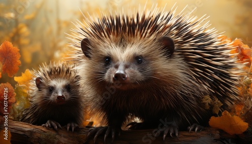  a couple of porcupine standing next to each other on top of a tree branch in front of a forest.