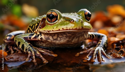  a close up of a frog sitting on top of a body of water with leaves on the ground in front of it. © Jevjenijs