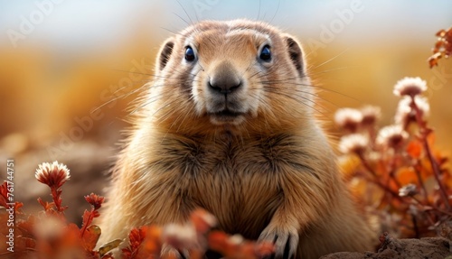  a close up of a groundhog looking at the camera with a blurry background of flowers in the foreground.