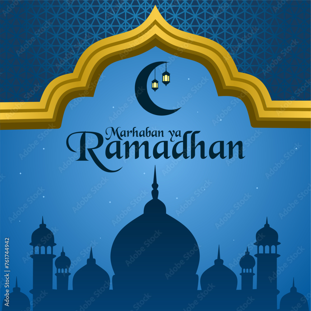 Marhaban ya Ramadhan greeting card design for Muslims. Islamic background with mosque silhouette and decorative elements