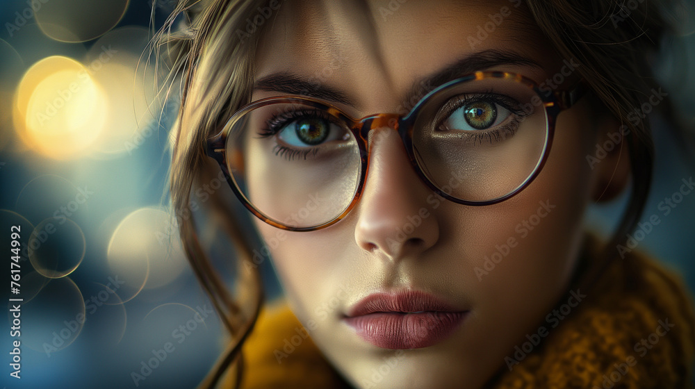 A close-up portrait of a girl in glasses and a sweater against the night city lights. She looks directly at the camera A close-up portrait of a girl in glasses and a sweater against the night city lights. She looks directly at the camera