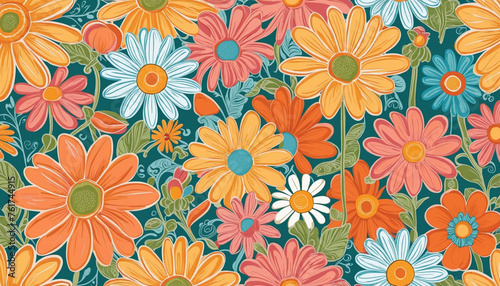 Trendy floral seamless pattern illustration. Vintage 70s style hippie flower background design. Colorful pastel color groovy artwork, nature backdrop with daisy flowers.