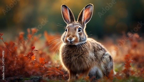  a close up of a rabbit in a field of grass with red flowers in the foreground and trees in the background.