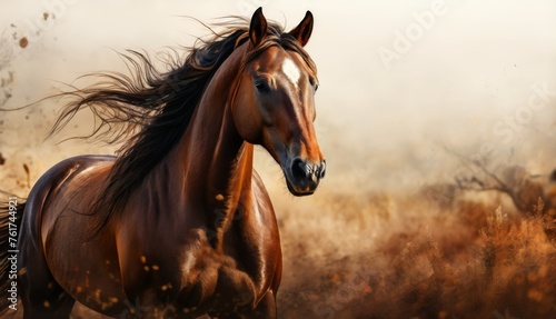  a painting of a brown horse running in a field of brown grass with trees in the background and a foggy sky in the background.