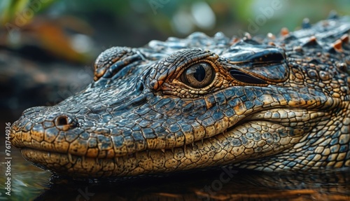  a close up of an alligator s head with water in the foreground and a plant in the background.