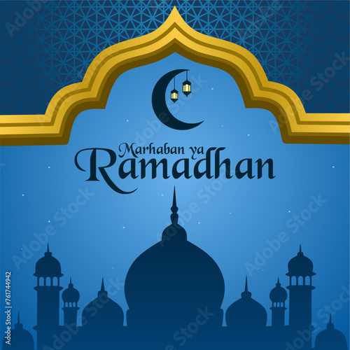 Marhaban ya Ramadhan greeting card design for Muslims. Islamic background with mosque silhouette and decorative elements