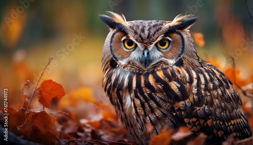  a close up of an owl sitting on a pile of leaves with a blurry background of trees and leaves.