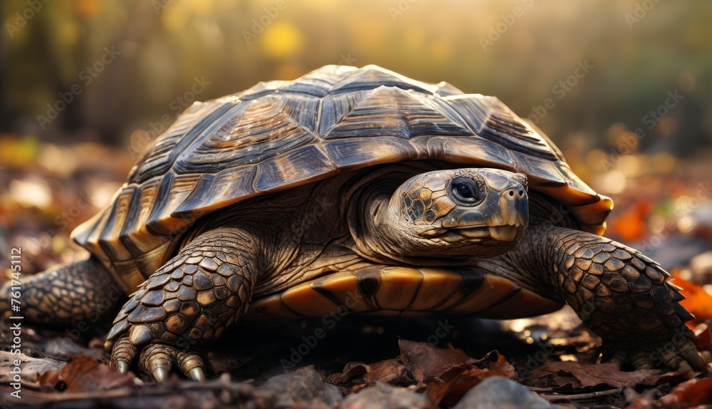  a close up of a tortoise on the ground with leaves on the ground and trees in the background.